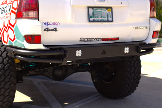 Close-up of the integrated recovery points and precision-cut steel on a rear bumper.
