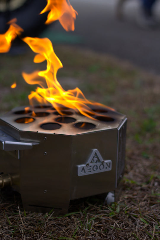 Premium 72,000 BTU propane campfire pit made of heavy-duty, corrosion-resistant stainless steel