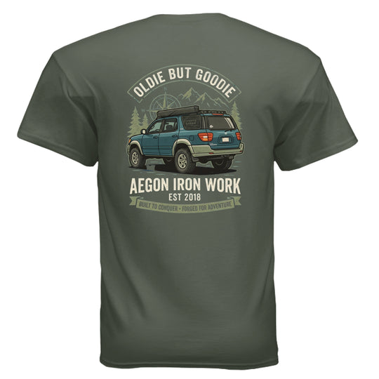 Oldie But Goodie Overlanding Tee | Vintage SUV Shirt - AEGON - MILITARY GREEN - BACK