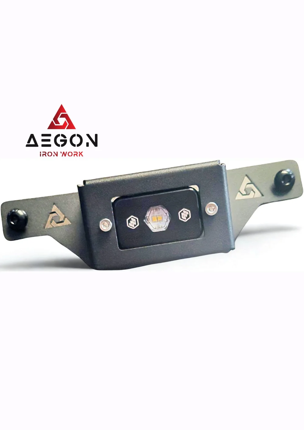 Metallic car bumper with Aegon Iron Works logo on a white background