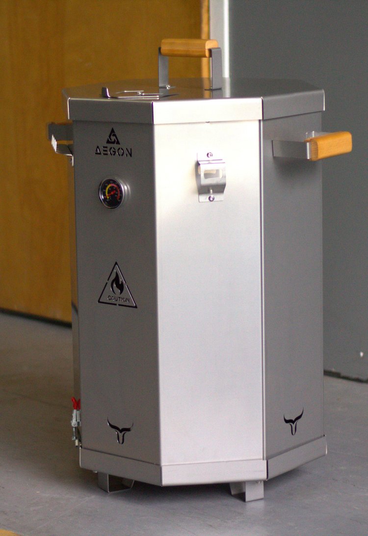 AEGON vertical smoker crafted from high-grade 304 stainless steel with durable wood handles for heat protection.