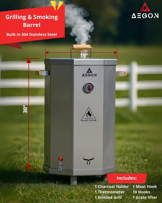 AEGON Vertical Smoker made of 304 stainless steel with wood handles.