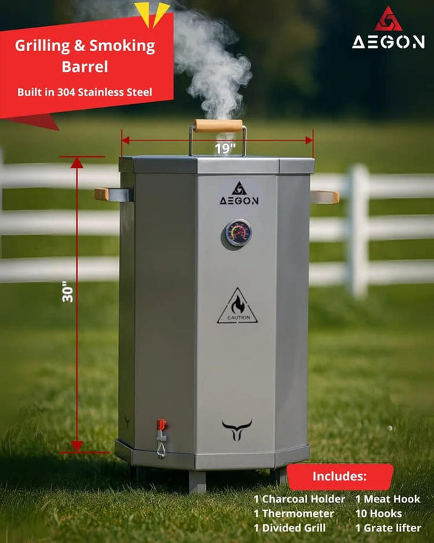 Premium AEGON vertical meat smoker made from 304 stainless steel with wood handles and 35 lbs capacity.