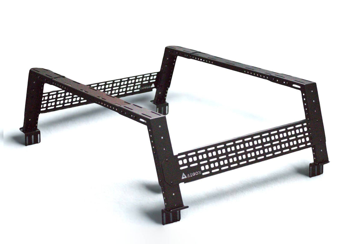 Adjustable height truck bed rack by AEGON, fits 5.5ft to 7ft pickup beds with black powder coat.