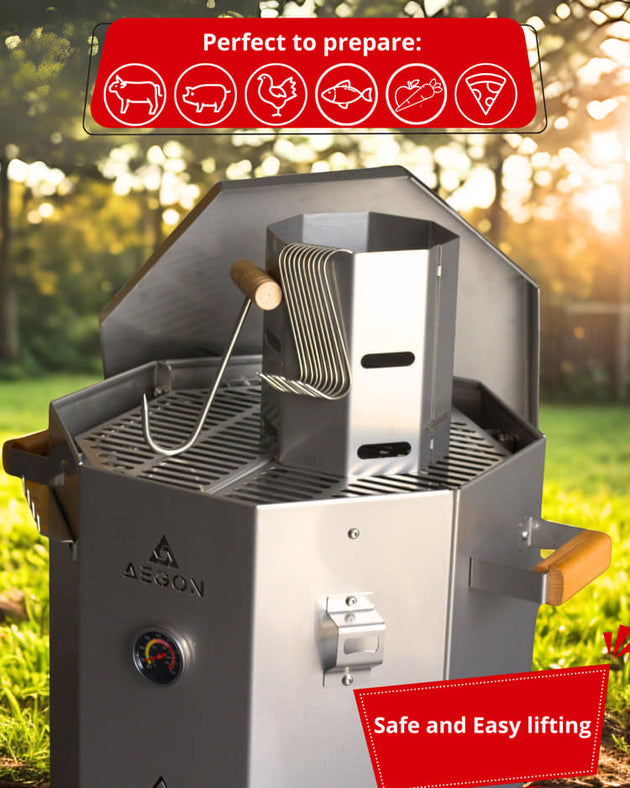 Portable AEGON charcoal smoker and grill kit including meat hooks, hanger, and thermometer for outdoor cooking.