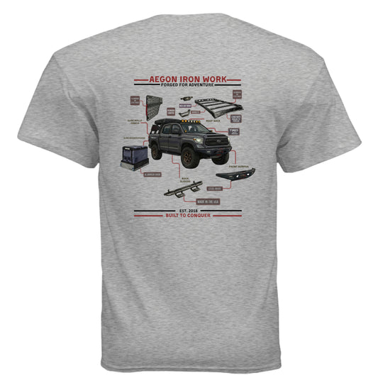 Detailed view of the technical schematic design on the Anatomy of an Overland tee showcasing off-road components. - SPORT GREY - BACK