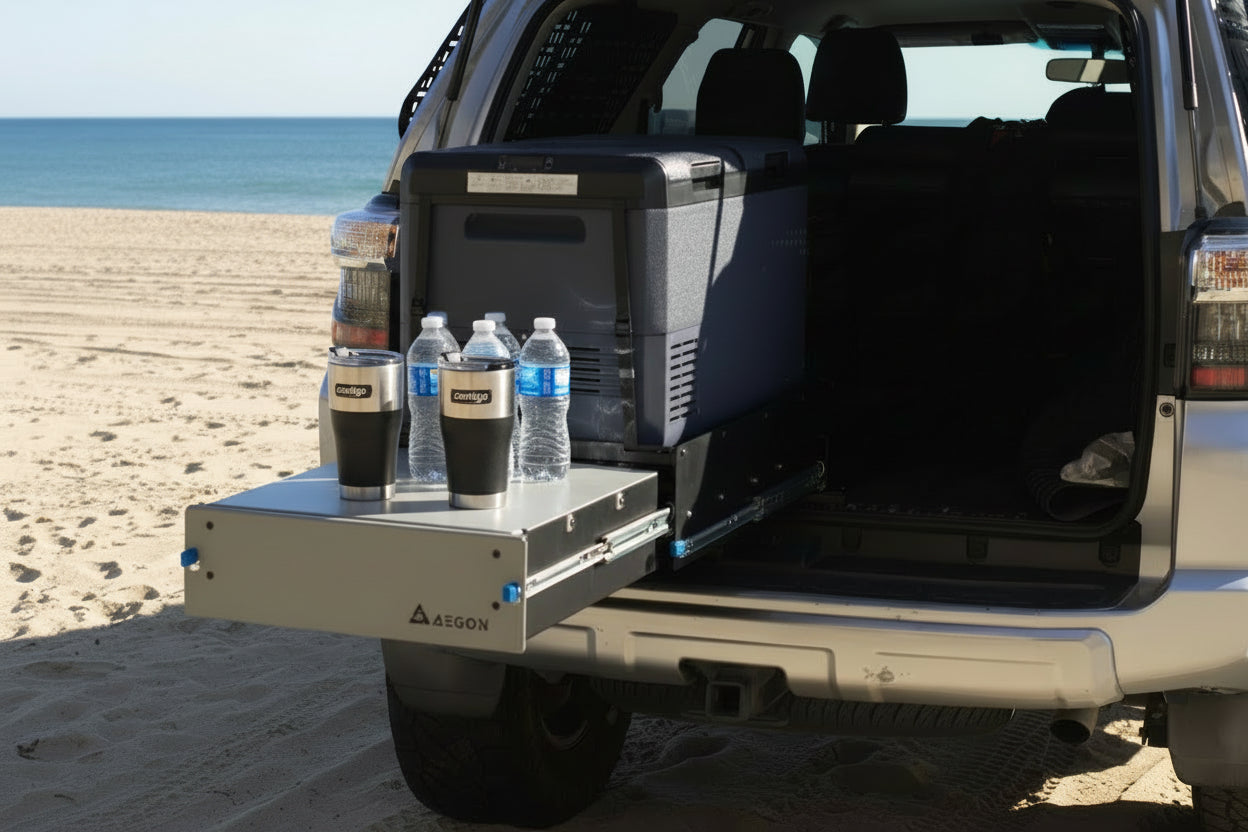 Heavy-duty aluminum fridge slide featuring an integrated pull-out worktable for outdoor cooking and gear prep.
