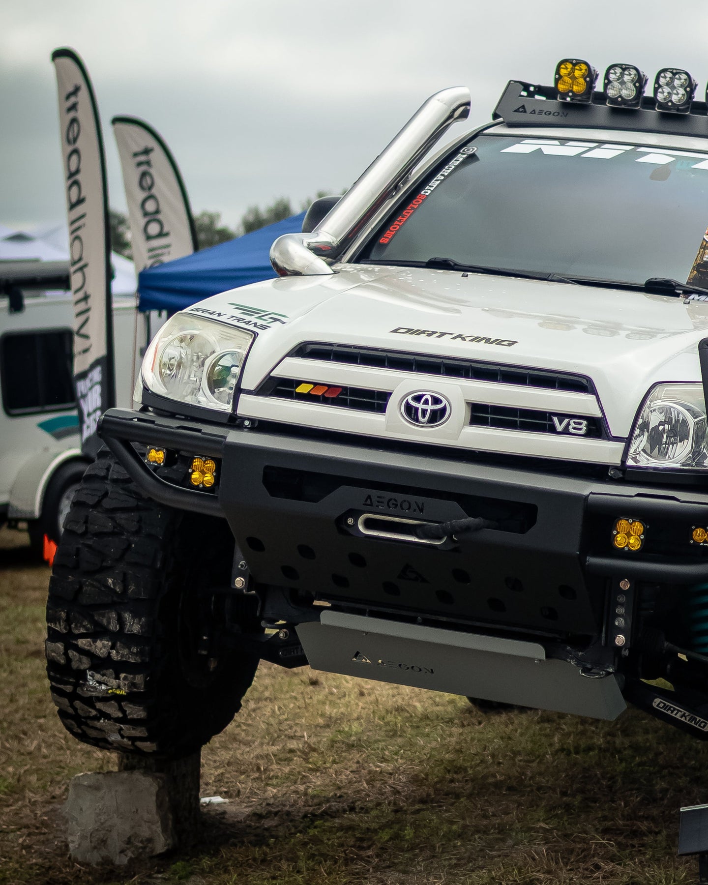 Close-up of Baja Design light integration on a 4th Gen 4Runner front bumper.