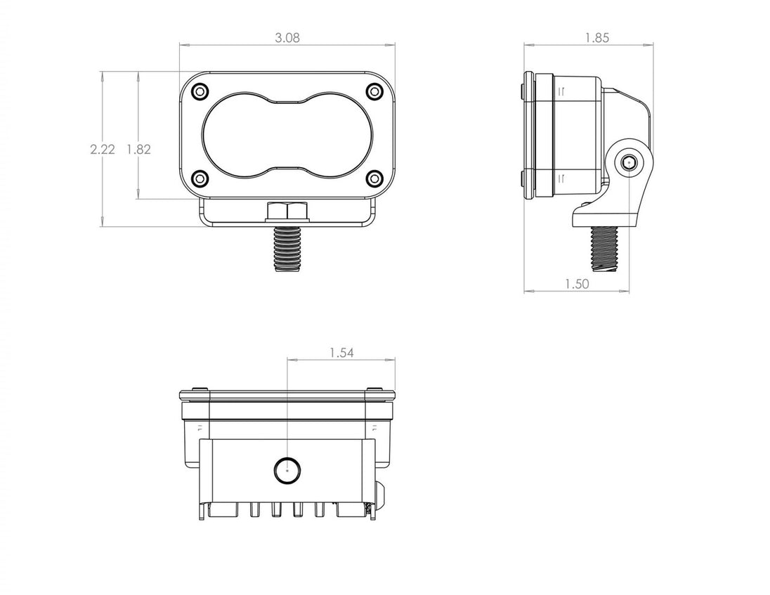 Technical dimension diagram of the Baja Designs S2 Sport LED light pod showing height, width, and depth measurements