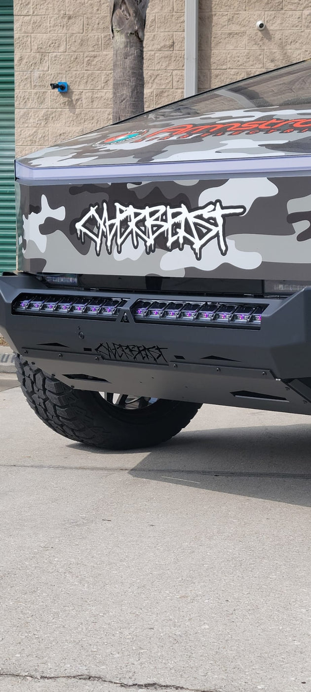 Cybertruck aftermarket bumper designed for full functionality of FSD cameras, sensors, and Bluetooth.