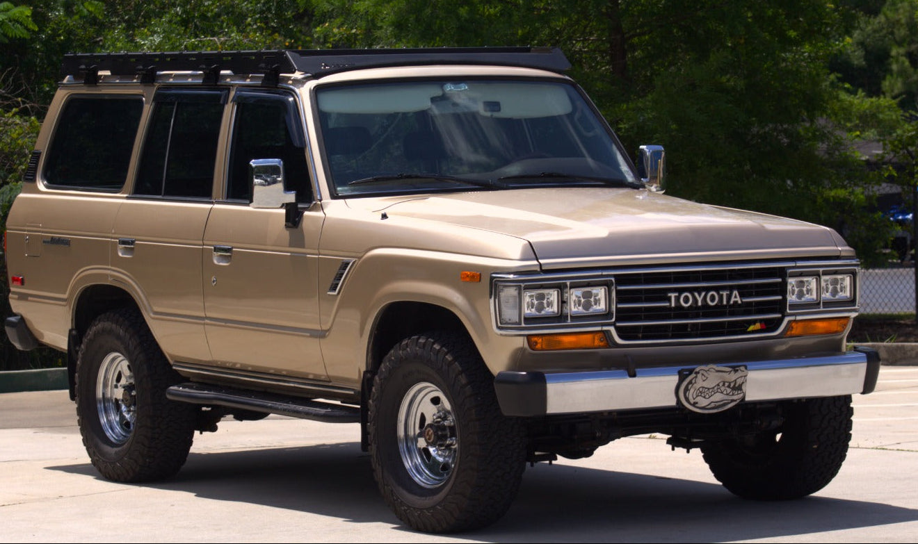 Sleek low-profile off-road roof rack designed for Toyota Land Cruiser FJ62 models.