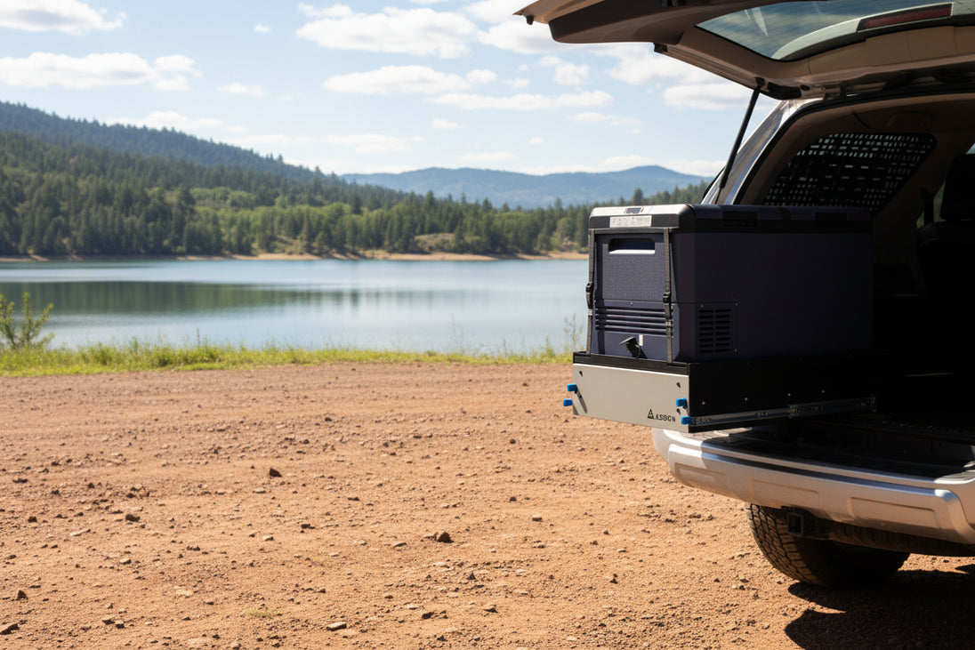 Full-extension fridge sliding platform for effortless access to portable freezers in truck beds and SUVs.