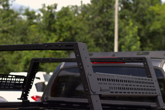 Precision laser-cut GA 12 steel bed rack with rust-resistant black powder-coated finish.