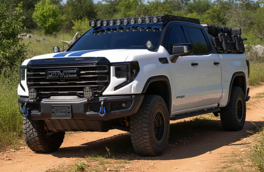 Black aluminum roof rack for GMC Sierra 1500 5th Generation (2019-2024) featuring a precision CNC laser-cut design.