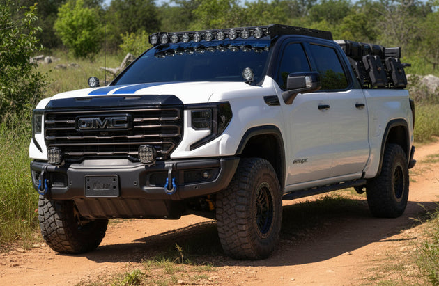 Black aluminum roof rack for GMC Sierra 1500 5th Generation (2019-2024) featuring a precision CNC laser-cut design.
