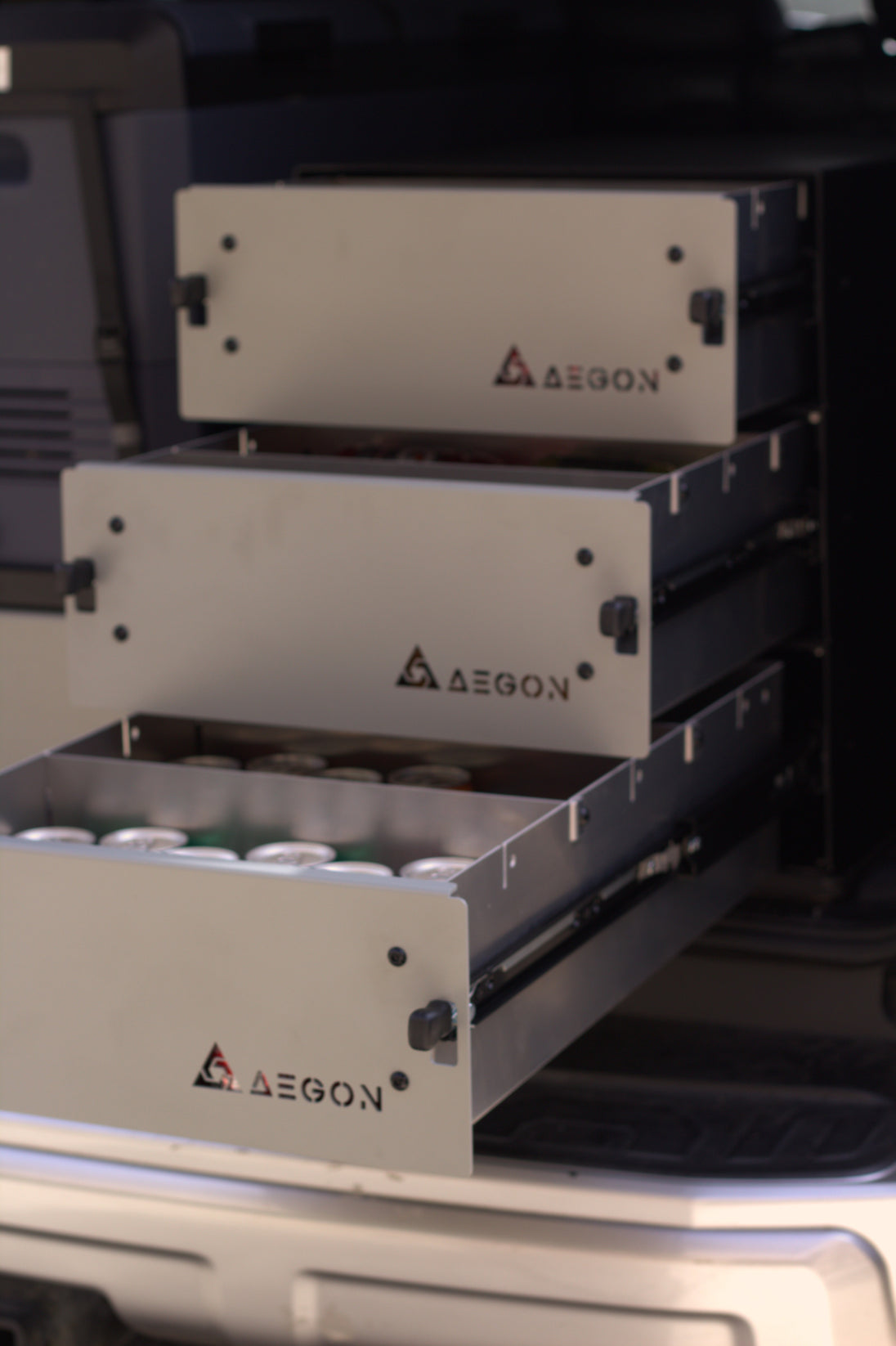 High-capacity slide-out aluminum drawer unit ideal for van life, service vehicles, and mobile command units.