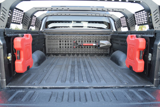 Heavy-duty steel Molle storage panels for Tundra truck beds with 250lbs load capacity and smooth-glide stainless steel rails.