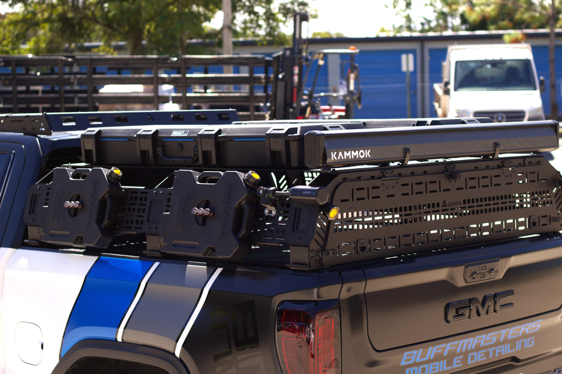 Jeep Gladiator compatible aluminum bed rack for heavy-duty trail use and gear storage.