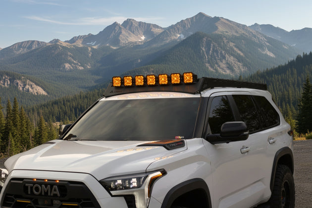 Lightweight 38 lb aluminum roof rack for Toyota Sequoia 3rd Gen featuring a black powder coat finish and CNC laser-cut precision.