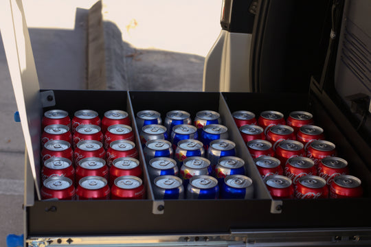 Lightweight and corrosion-resistant aluminum fridge stand with a durable black powder-coated finish for expedition setups.