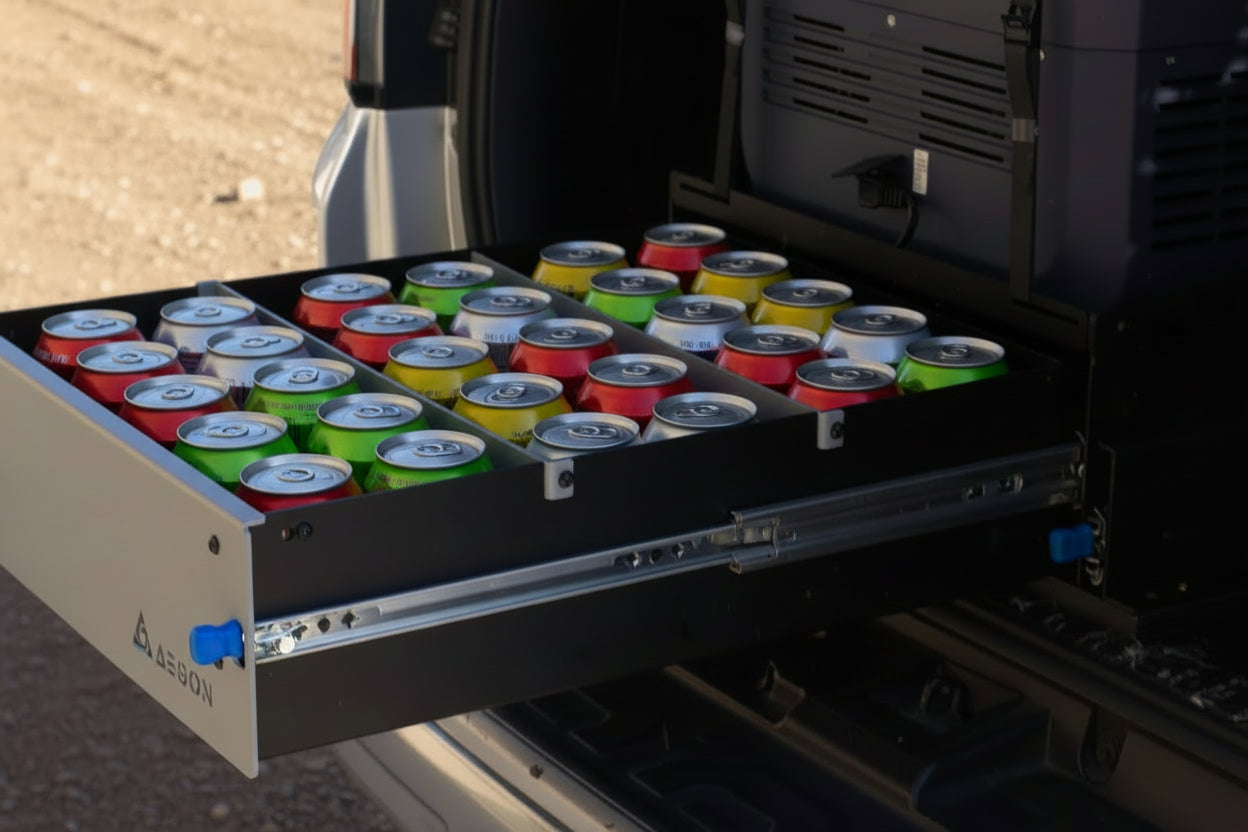 Secure locking rail system fridge slide, engineered to stay in place during steep inclines and rough off-road terrain.