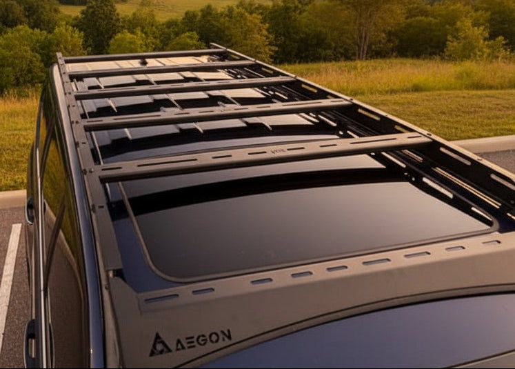 Sleek low-profile roof rack for Lexus GX 460 featuring a front wind deflector to reduce noise and improve fuel efficiency.