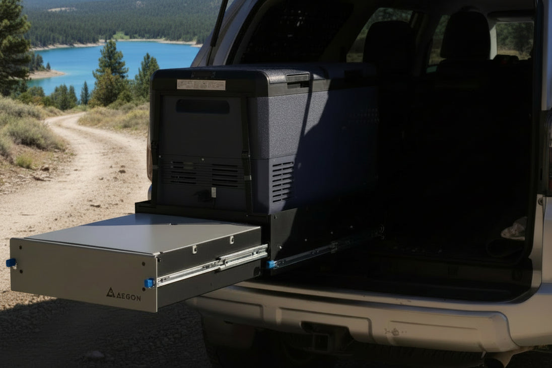 Premium overland fridge mount with a slide-out prep table for convenient food preparation at the campsite.