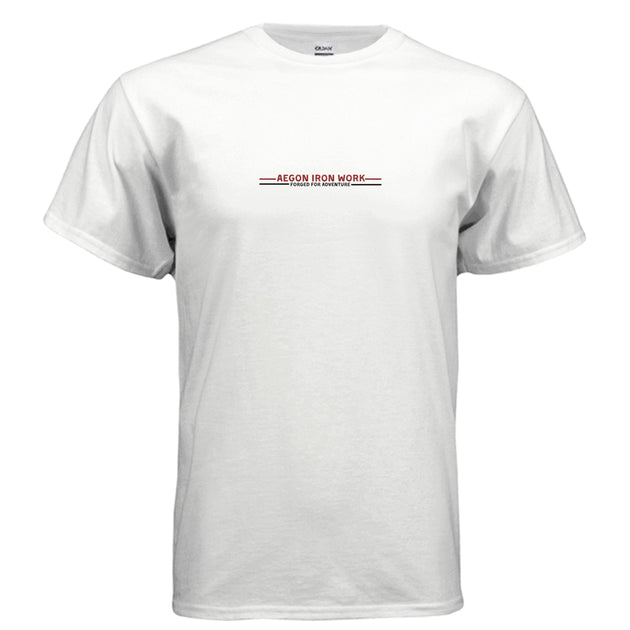 Off-road lifestyle apparel featuring the Aegon Ironwork technical blueprint t-shirt at a trail campsite. - WHITE - FRONT