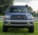1st Gen Toyota Sequoia roof rack with integrated front light mounts for LED bars and aerodynamic wind deflector.
