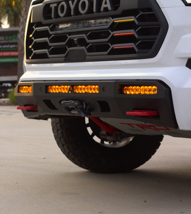 Off-road front bumper for Toyota Sequoia featuring seamless integration for 20-inch and 10-inch Diode Dynamics light bars.