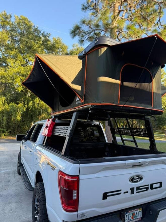 Static load rated 900 lb bed rack platform, ideal for heavy 3-person rooftop tents.