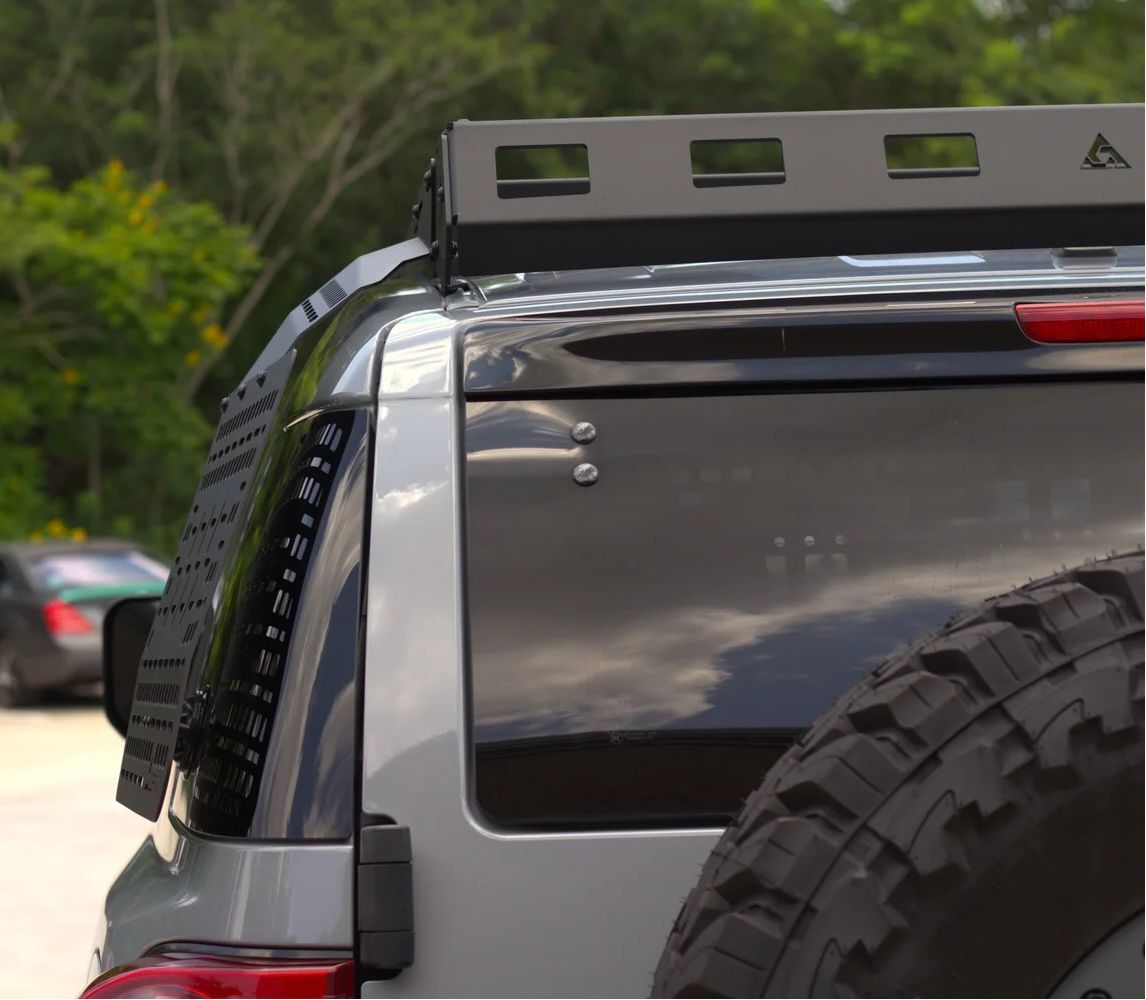 Close-up of the rear deflector fitment on an AEGON steel roof rack for a finished professional look.