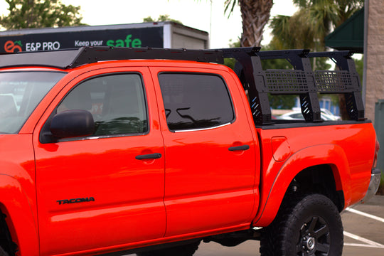 Heavy-duty Tacoma roof rack with 600 lbs dynamic load capacity, ideal for mounting rooftop tents and overland camping gear.