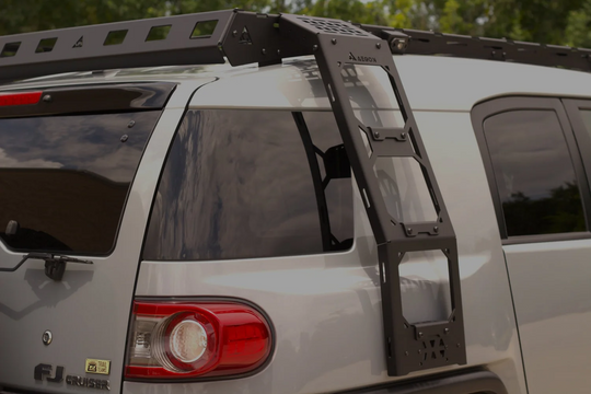river side aluminum access ladder for Toyota FJ Cruiser with a durable black powder coat finish.