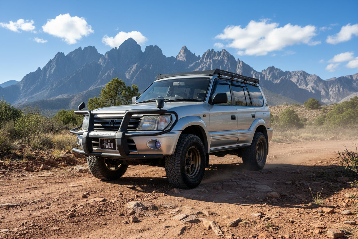 AEGON full-length aluminum roof rack for Toyota Prado 90 and 95 Series 1996-2002.