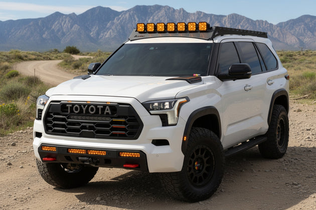 Full-length aluminum roof rack custom-designed for the 3rd Generation Toyota Sequoia models from 2023 to 2025.