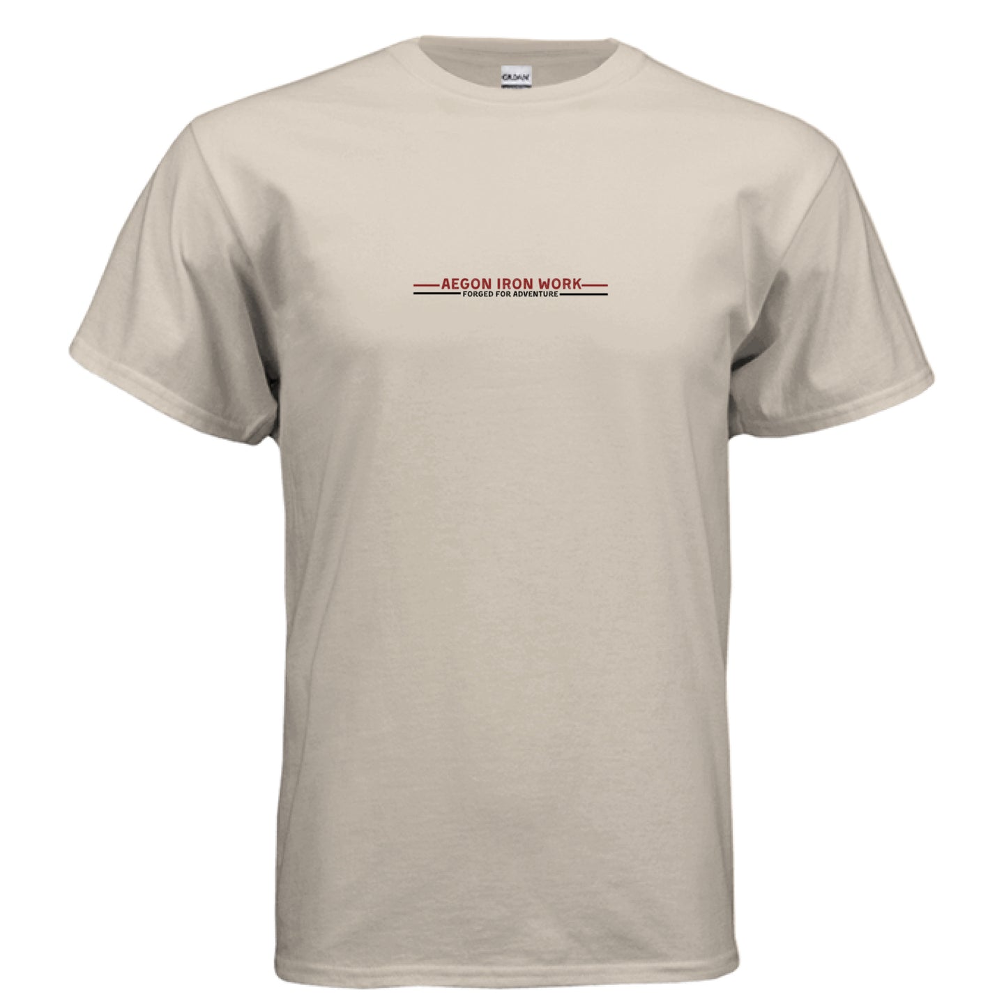 Back view of the heavyweight Ultra Cotton overland t-shirt from Aegon Ironwork. - SAND - FRONT